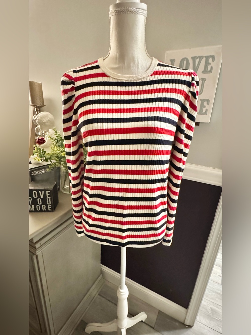 Talbots Ribbed Stripe Sweater Medium Red Navy Ivory Puff Sleeve